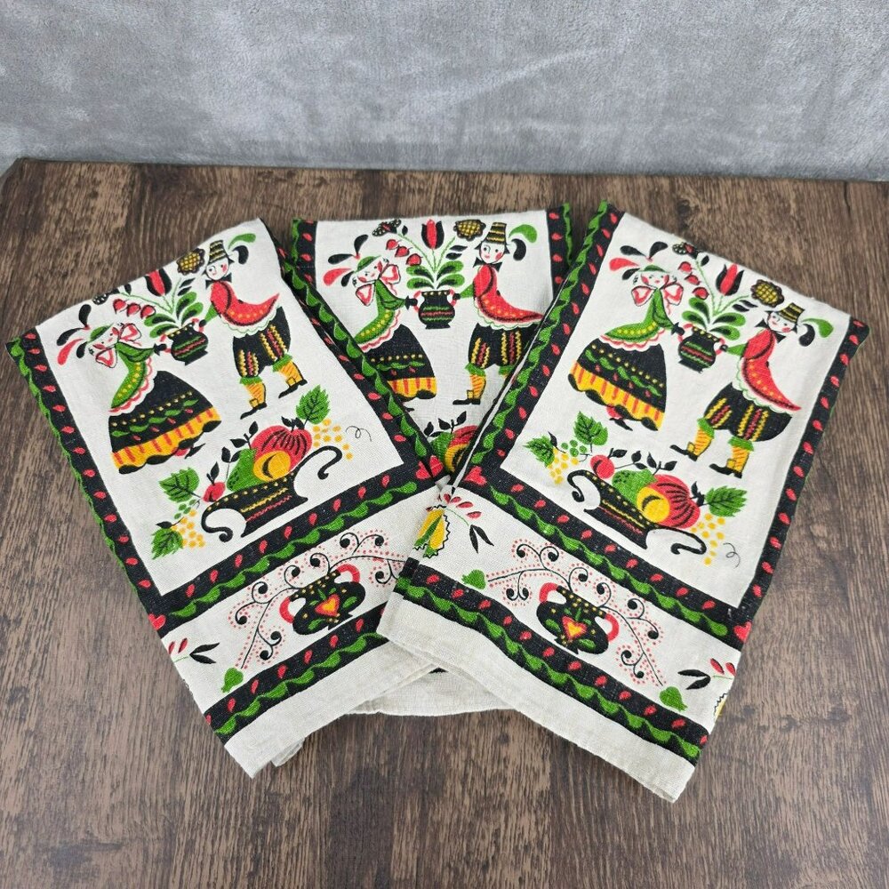 Vintage Linen Cloth Pennsylvania Dutch Folk Aer Tea Towels Bundle of 3 Colorful